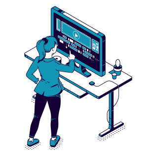 A video editor standing at a desk