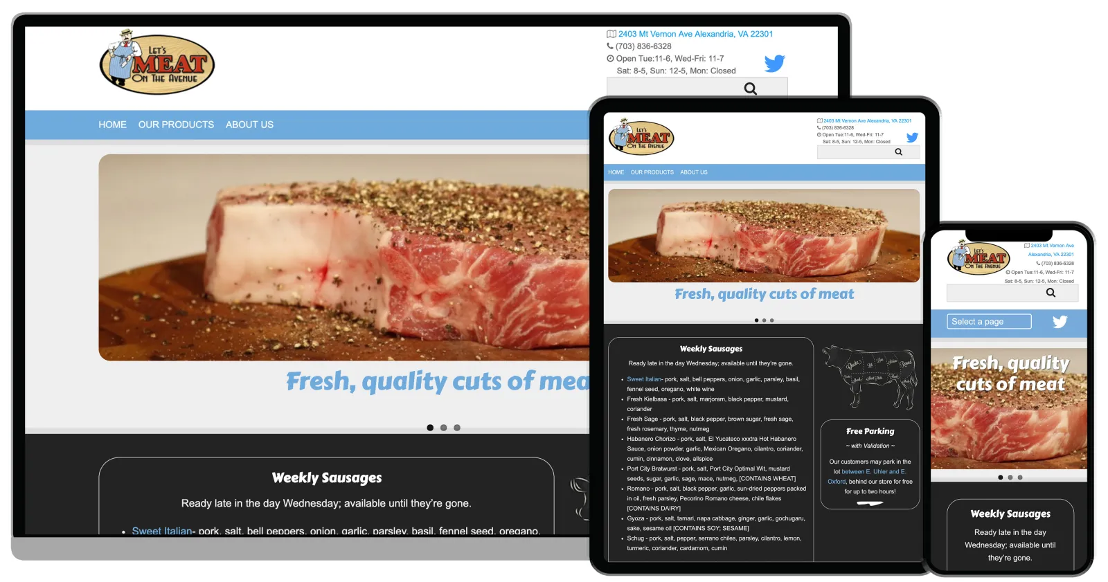 Let's Meat on the Avenue Website across typical devices