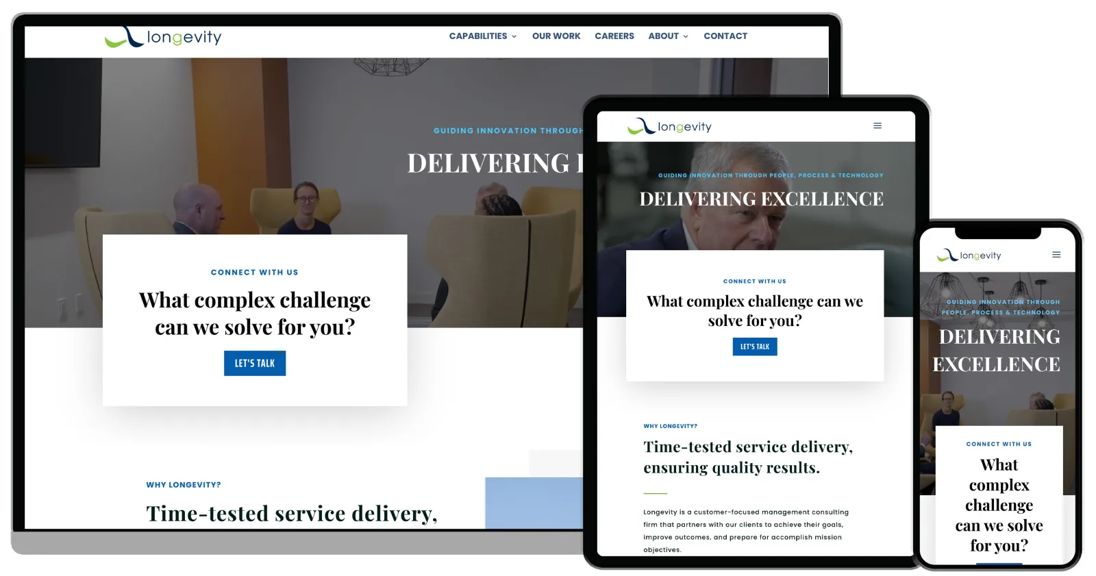 Longevity's new website across three device types.